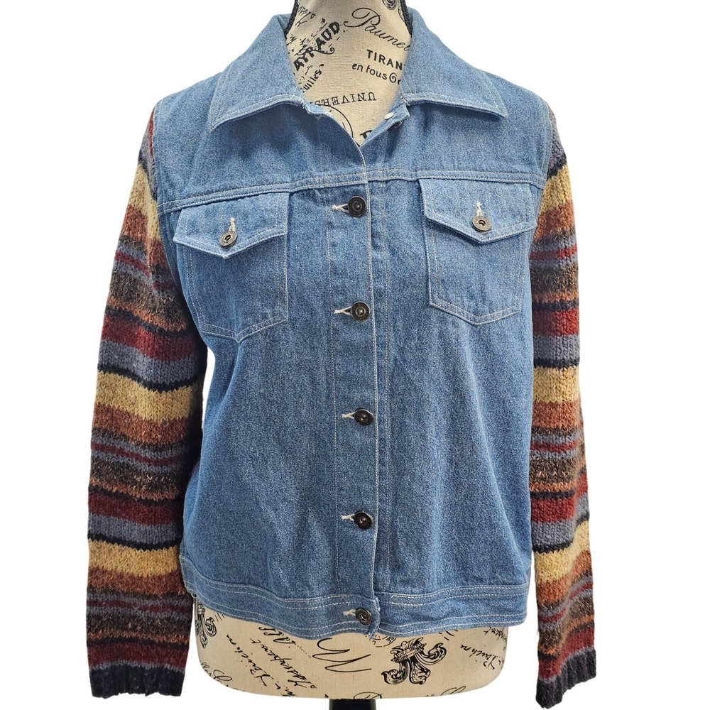 Christopher & Banks Womens Denim Jacket Striped Knit Sleeve Multicolor‎ Size S